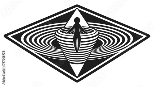 Human figure ascending from spiral vortex in abstract diamond shape