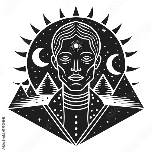 Mystical cosmic spiritual human portrait with third eye symbol