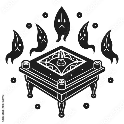 Mystical ornate gaming table surrounded by four sad spooky ghosts