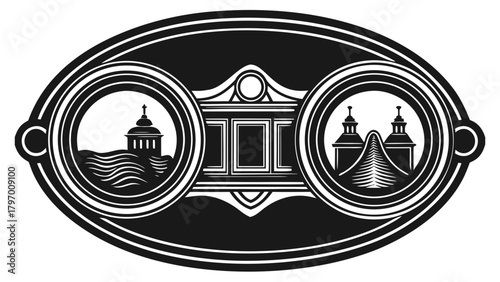 Vintage emblem showing architectural landmarks and seascape view.
