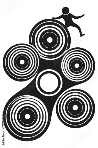 Person silhouette balancing on a large abstract fidget spinner