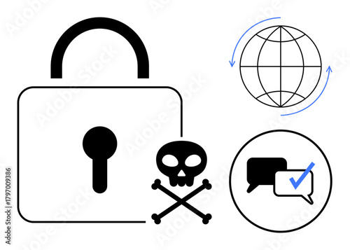 Lock, skull-crossbones, globe, and verified notification highlight security, threats, internet safety, global communication, verification risks and encryption. Ideal for digital security online