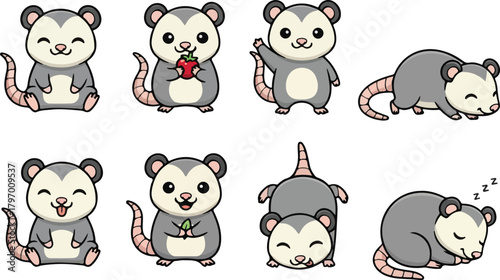 vector illustration of opossum funny cute cartoon mascot character cartoon with 8 poses 02