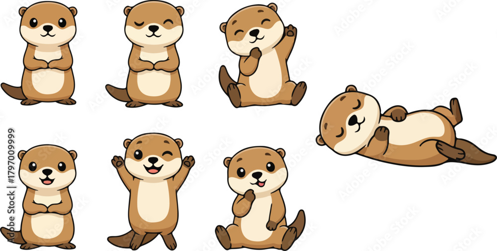 Fototapeta premium vector illustration of otter funny cute cartoon mascot character cartoon with 7 poses 
