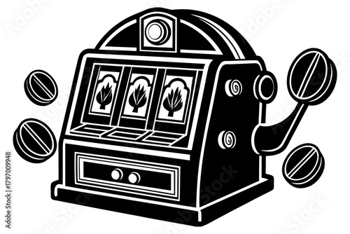 Retro slot machine illustration with coins, betting, and chance game