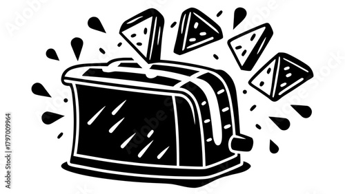 Toaster popping toast, energetic kitchen breakfast appliance.