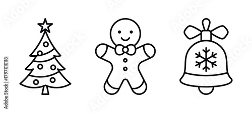 christmas tree gingerbread and bell line icon set vector illustration