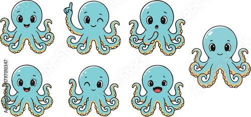 vector illustration of octopus funny cute cartoon mascot character cartoon with 7 poses 01