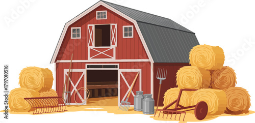 Red farm barn with hay bales vector illustration