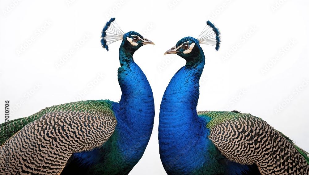 Fototapeta premium Two peacocks displayed against a white backdrop, showcasing their vibrant plumage