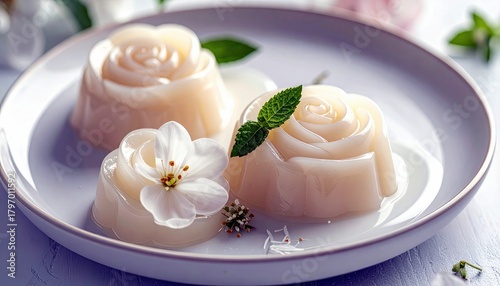 Three elegant rose-shaped jellies, one topped with a white flower and another with mint, are served on a white plate, suggesting a light and refreshing dessert.