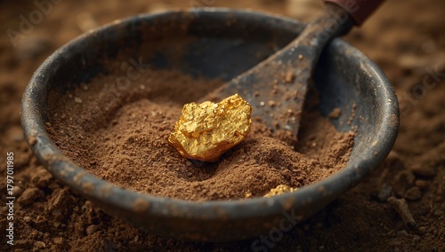 Gold found in a weathered pan alongside river sand, emphasizing the labor-intensive process of gold panning