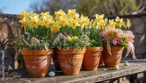 Wallpaper Mural Spring blooming daffodils in terracotta containers on a terrace, seasonal decoration for Easter Torontodigital.ca