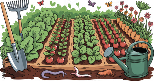 Vegetable garden with growing plants and tools vector illustration
