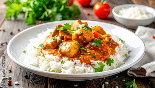 A close-up shot of a white plate filled with fluffy white rice, topped with tender pieces of chicken in a rich, orange curry sauce, garnished with fresh cilantr