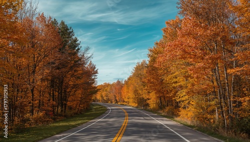 A lengthy country road winding through a vibrant corridor of trees in autumn, seasonal change