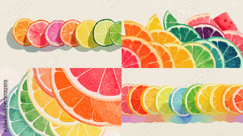 Rainbow arrangement of watercolor citrus slices in vivid gradients—lemon, lime, orange, grapefruit, and more. Perfect for summer packaging, menus, and colorful food backgrounds.