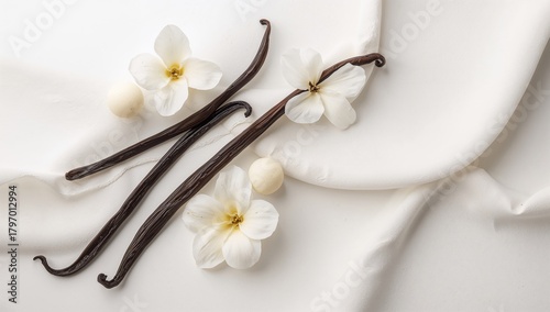 Vanilla pods alongside flowers on a white background, ideal for editorial header background