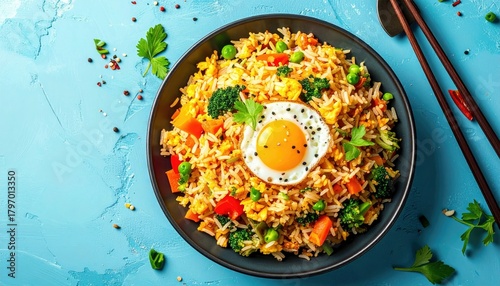 A close-up overhead shot of a bowl of fried rice topped with a sunny-side-up egg, garnished with fresh herbs and spices.