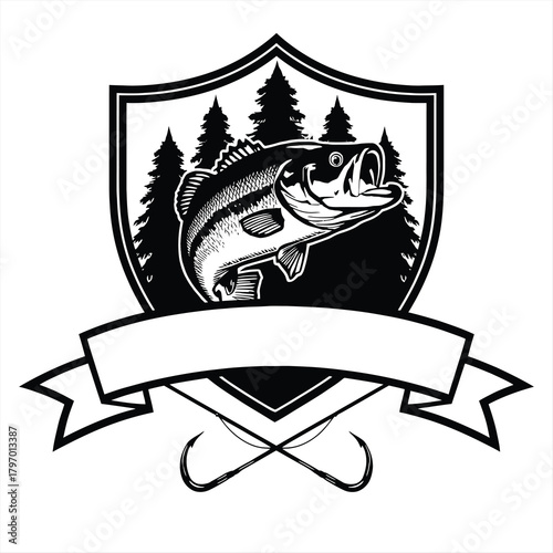 Fishing Emblem with Bass Fish Trees and Ribbon on White Background logo