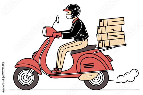 Delivery person riding scooter with boxes wearing mask during pandemic times illustration