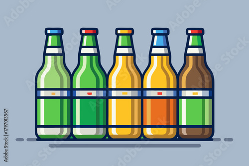 Variety pack of colorful beer bottles in a row against a light blue background