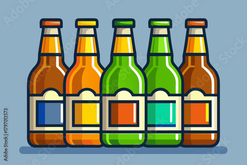 Row of colorful beer bottles in a flat vector style against a light blue background