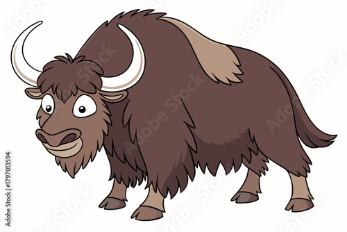 Cartoon yak with fluffy brown fur and large white horns standing on white background