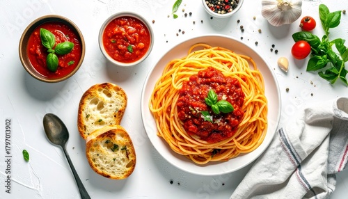A top-down view of a plate of spaghetti topped with rich tomato sauce and fresh basil, accompanied by toasted bread and marinara sauce.