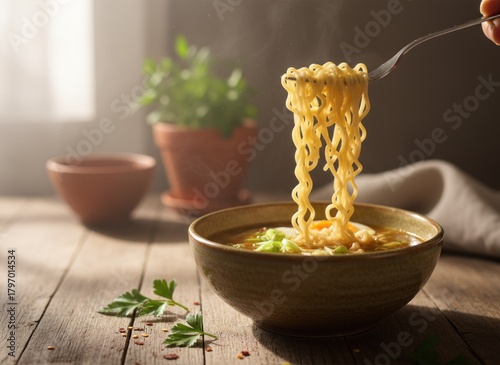 A bowl of hot ramen with noodles held up by a fork, steam rising. Natural light