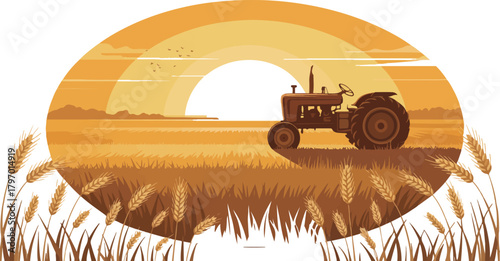 Vintage farm tractor in golden wheat field at sunset rural agricultural landscape vector illustration