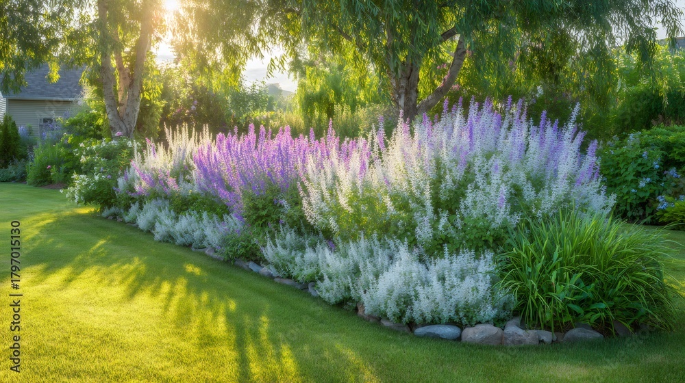 Naklejka premium Lush garden border features vibrant purple and white Russian sage perennials with sunlit green lawn during summer