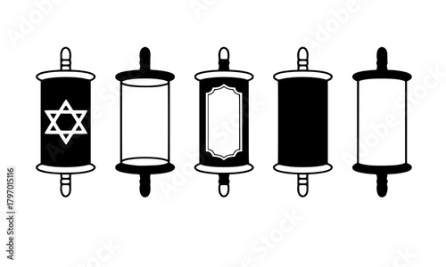 Torah Scroll Icon Set, Jewish Religious Symbol Collection with Star of David, Black and White Vector Silhouette and Outline Glyphs, Judaism, Synagogue, and Festival Design Elements