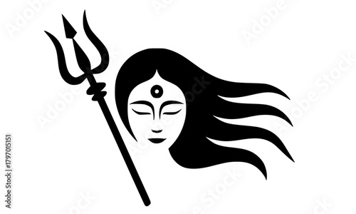 Goddess Durga Maa Face and Trident (Trishula) Icon, Black Vector Silhouette with Flowing Hair, Hindu Shakti Mythology Symbol, Navratri and Devi Festival Design Element