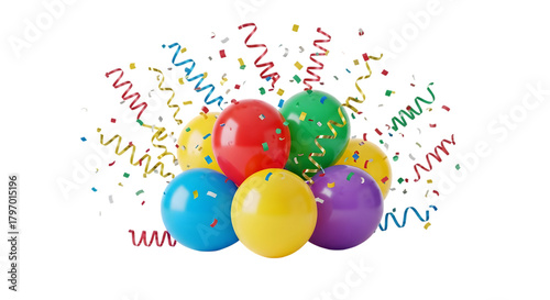 Colorful easter eggs piled together with confetti and streamers isolated on transparent background