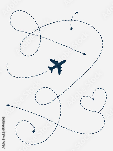 Aviation adventure an airplane soars through the sky, leaving a trail of dashed lines forming whimsical shapes like a heart and infinity symbol