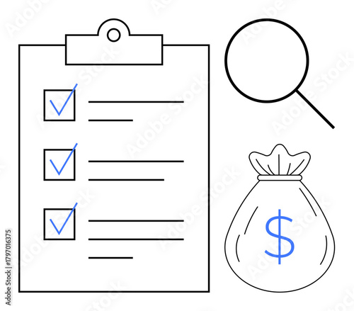 Clipboard checklist, magnifying glass, and money bag conveying tasks, search, and finance. Ideal for management, auditing, goal setting, organization savings entrepreneurship simple flat metaphor