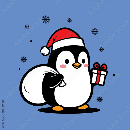 Adorable penguin delivering festive Christmas gifts in snowy wonderland