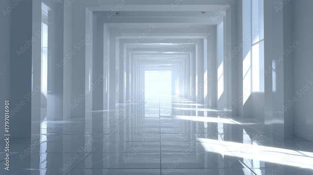 Obraz premium Modern architectural hallway with bright natural light and reflective flooring