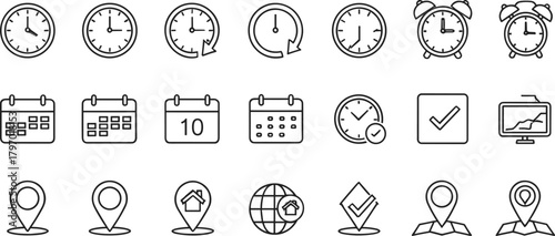 Collection of black outline symbols detailing business logistics, including clocks, recurring time cycles, monthly calendar views, global location tracking, mapping services,