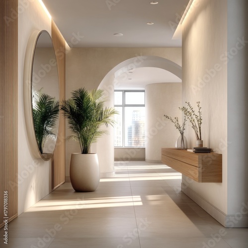 A beige entryway, a simple light oak console table, a large arched mirror, beige micro-cement flooring, accented by hidden LED strip lighting integrated into a ceiling.