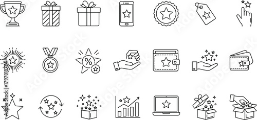 E-commerce vector line icon collection illustrating digital customer loyalty rewards, mobile app star ratings, promotional gifts, and points accumulation for online shopping 
