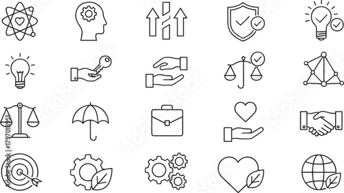 Minimalist illustrations for a business integrity report, featuring icons for gears and intelligence, scales of justice, umbrella protection, briefcase, mutual trust handshake