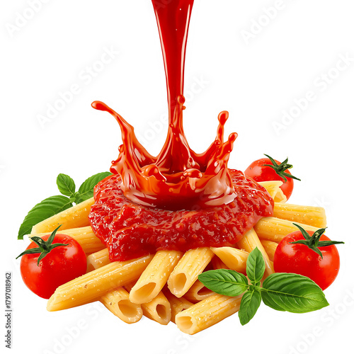 Delicious penne pasta with tomato sauce and fresh basil italian food photography on transparent background