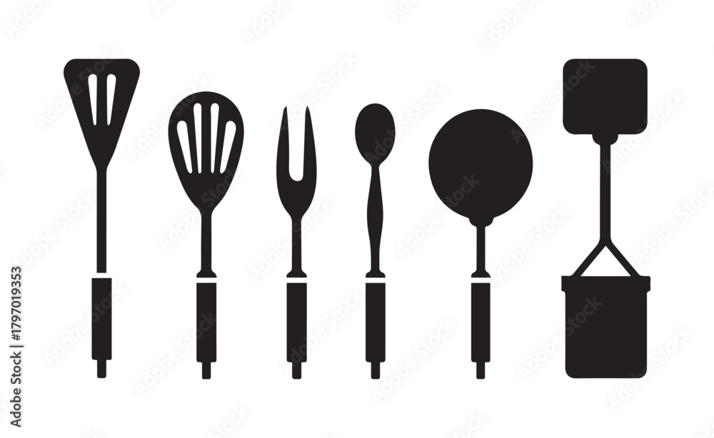 Fototapeta premium Black Silhouettes of Various Kitchen Utensils on White Keywords: kitchen, utensils, cooking