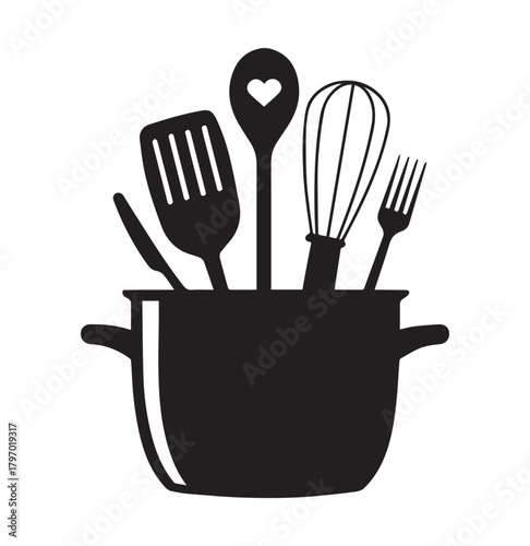 Kitchen Pot Filled with Cooking Utensils Silhouette vector illustration