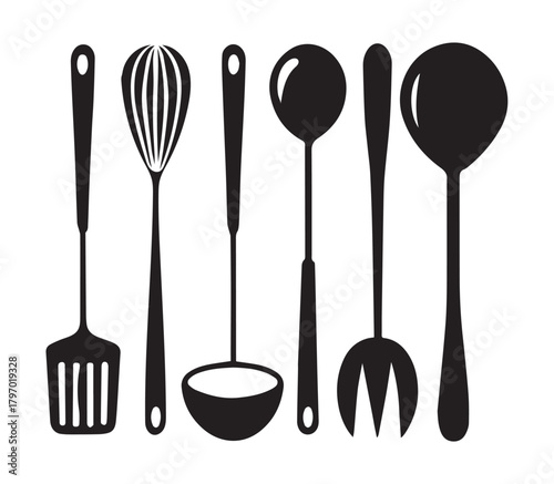 Black Silhouette Collection of Kitchen Utensils on White Keywords: kitchen, utensils, cooking