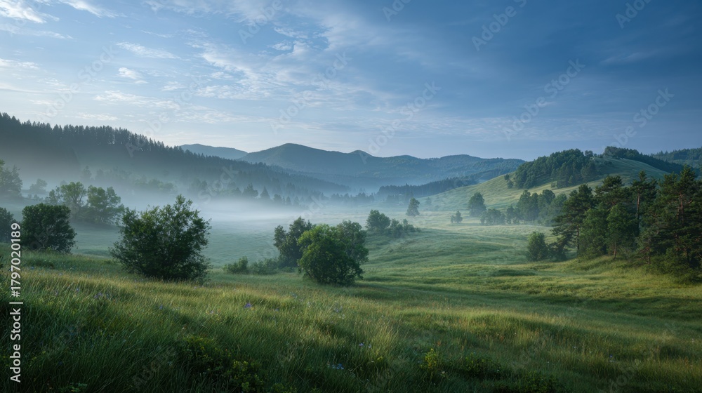 Fototapeta premium Scenic misty valley landscape with rolling hills and lush green meadows