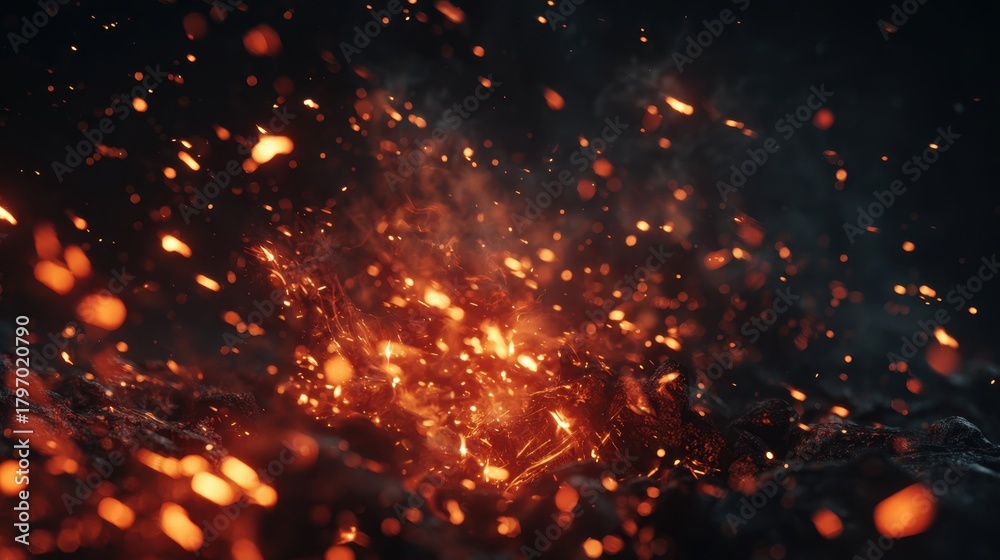 Fototapeta premium Fiery explosion with sparks and embers against a dark background