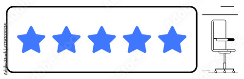 Five blue stars in a row symbolizing highest ratings, paired with outlined chair for comfort. Ideal for feedback, quality, service, satisfaction, customer experience, review comfort. Clean flat